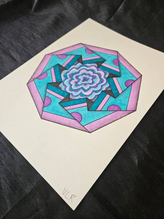Abstract octagon drawing in purple and turquoise