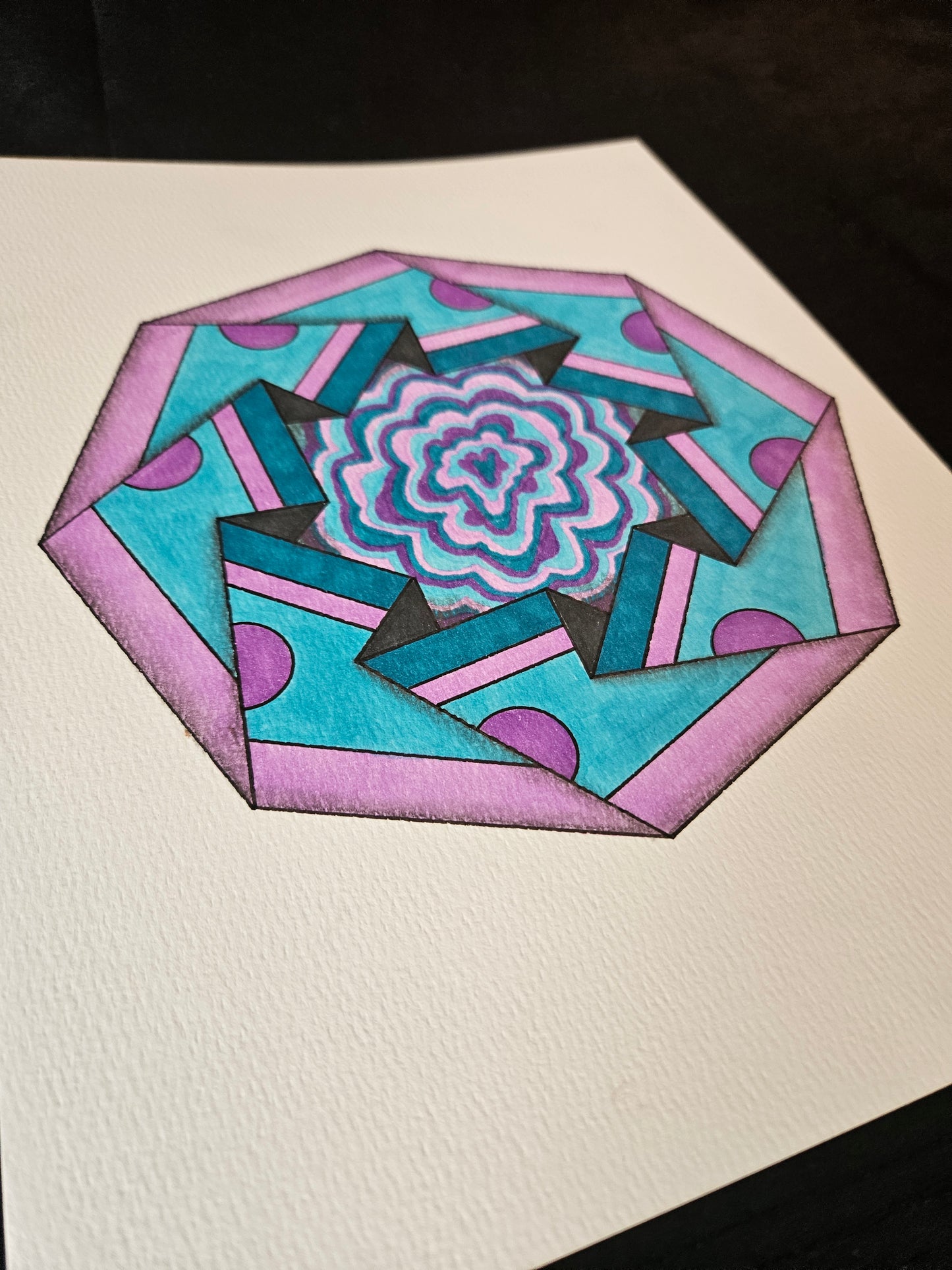 Abstract octagon drawing in purple and turquoise