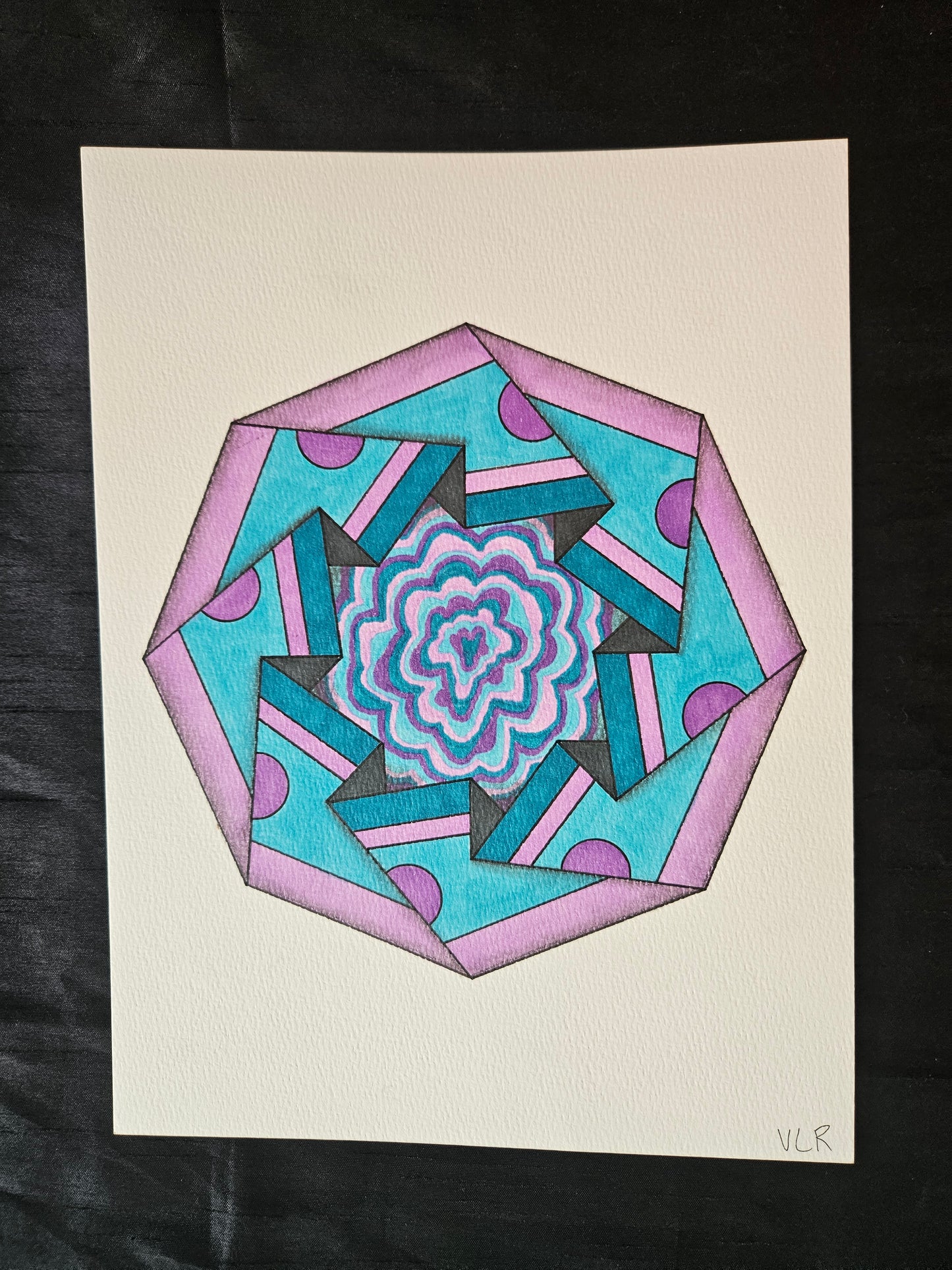 Abstract octagon drawing in purple and turquoise