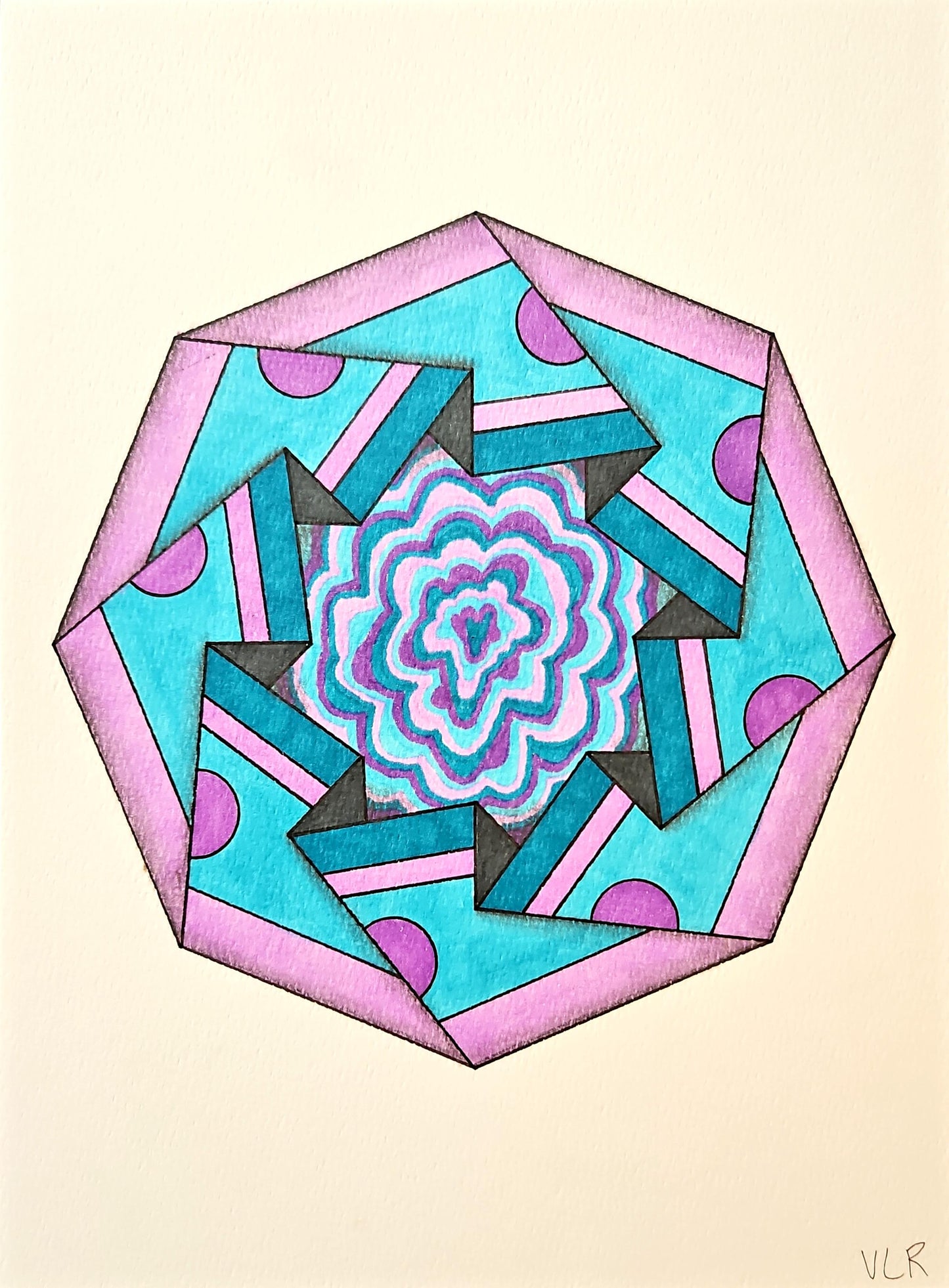 Abstract octagon drawing in purple and turquoise